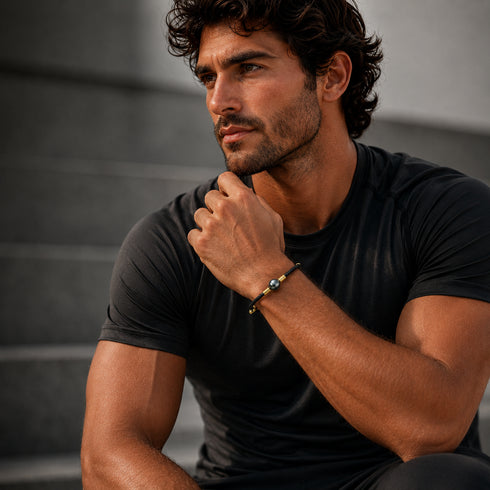 Bracelet: 9-10mm Tahitian pearl on black leather cord, worn on a wrist.