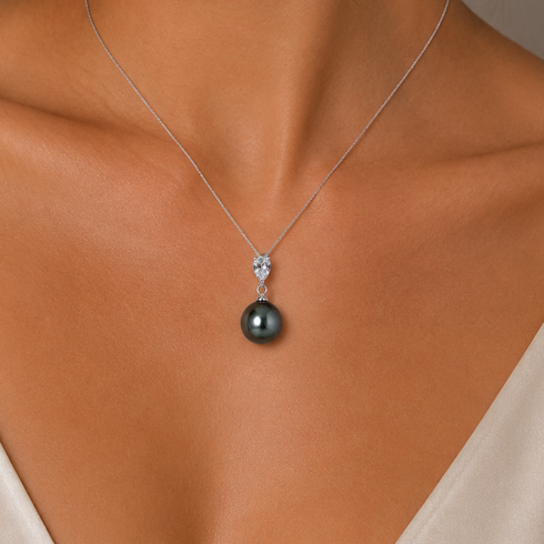 Tahitian Pearl Teardrop Crystal Pendant Necklace by House of Pearls - MZ; silver chain with black Tahitian pearl.