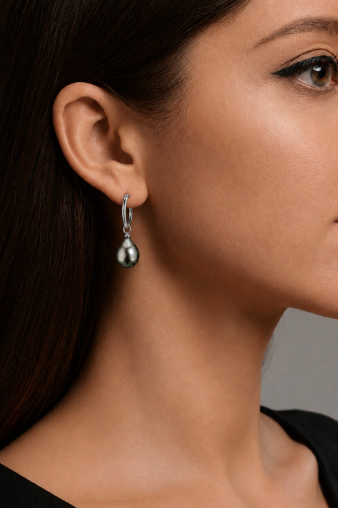 Earrings: 10–11mm Tahitian pearl teardrop drop on silver hoop, House of Pearls TA.
