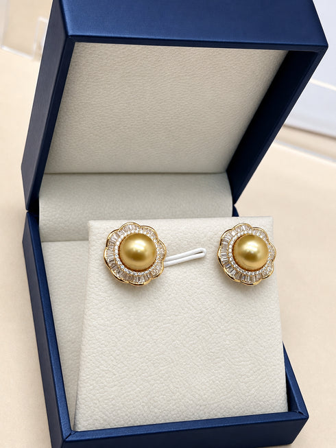 Earrings, Golden South Sea pearl floral halo studs, 9–10mm pearls with crystal halo in blue box.