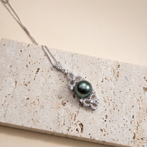 Necklace with 10–11mm Tahitian pearl and floral CZ pendant in sterling silver