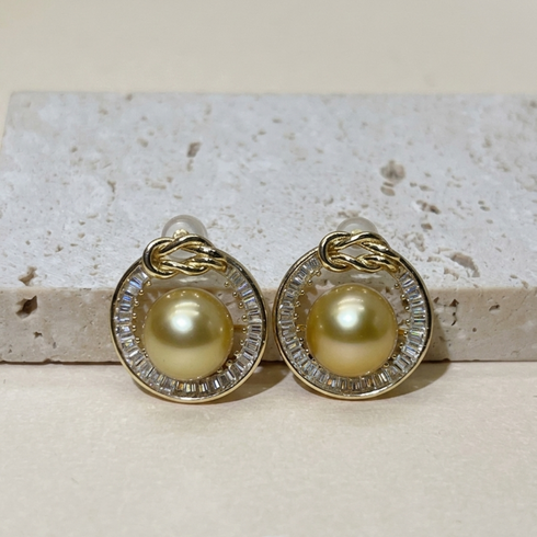 Pair of 10mm Golden South Sea Pearl Halo Stud Earrings in Gold Vermeil