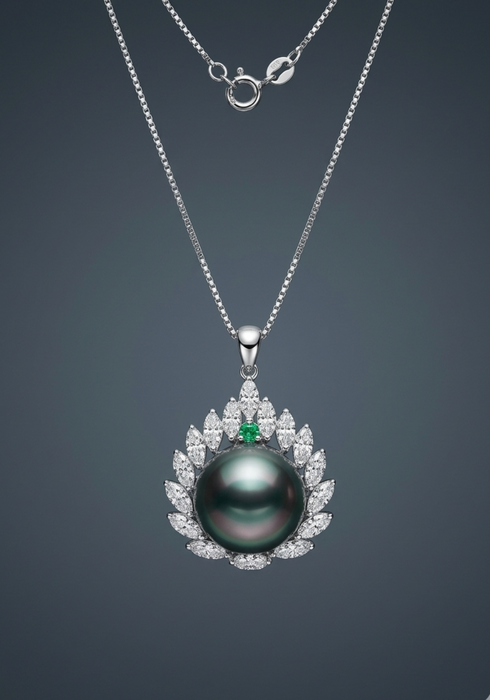 11-12mm Tahitian pearl leaf pendant necklace in sterling silver with emerald accent and diamond CZ halo