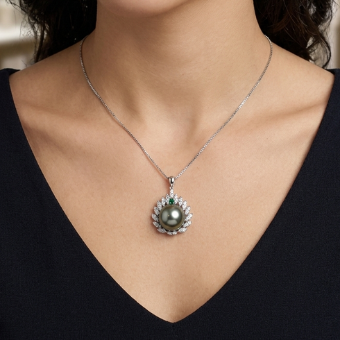 Necklace with a 10–11mm Tahitian pearl pendant surrounded by a floral CZ halo on a sterling silver chain.