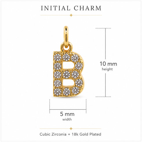 Initial B charm pendant in 18k gold-plated with pavé cubic zirconia stones, 10 mm tall, 5 mm wide.