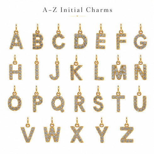 Dainty Initial Letter Charm pendants — Pavé cubic zirconia, gold-tone; House Of Pearls A–Z set of 26 charms