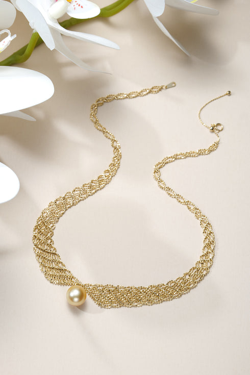 13-14mm South Sea Golden Pearl Lace Necklace, gold-tone mesh chain with a single pearl pendant