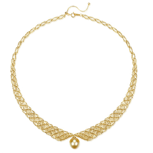 13-14mm South Sea Golden Pearl Lace Necklace by House of Pearls - MZ, gold-tone lattice chain with pearl pendant