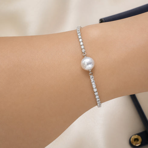 Aurora White Freshwater Pearl Tennis Bracelet by House Of Pearls; diamond-studded twin-band with pearl drop