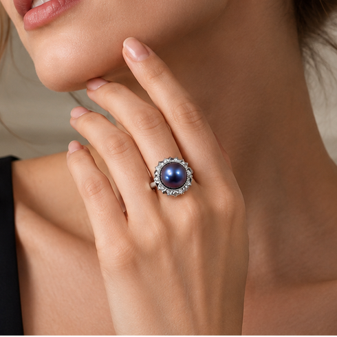 Ring: 12mm blue Mabe pearl halo open ring in silver with diamond halo, House Of Pearls - XM