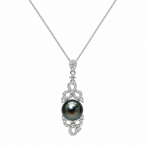 Floral Baroque Tahitian Pearl Pendant Necklace by House of Pearls - MZ, diamond-studded silver pendant with dark pearl.