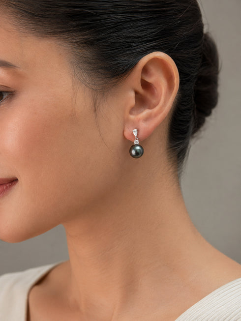 Earrings House Of Pearls Tahitian Pearl Line Drop, sterling silver, 10–11mm dark Tahitian pearl