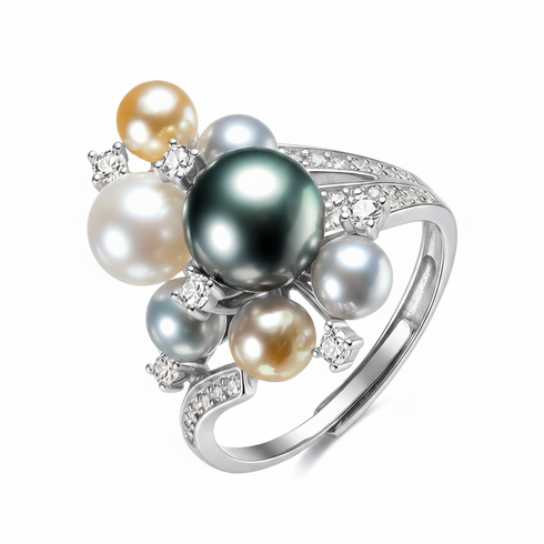Mixed Seawater Pearl Constellation Open Ring in silver with multicolor pearls and pavé diamonds