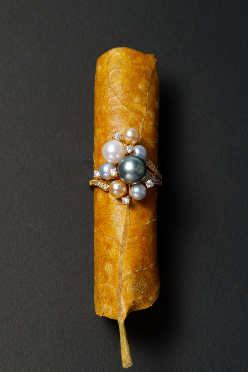 Ring: Mixed Seawater Pearl Constellation Open Ring with multicolored pearls and diamond accents