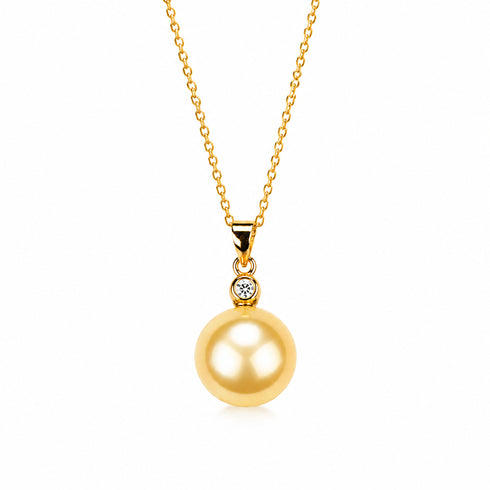 Golden South Sea Pearl & Mary Pendant Necklace on 18K gold chain with diamond accent, House Of Pearls - FT