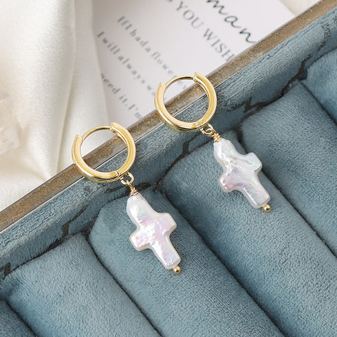 Cross Pearl Hoop Earrings - House Of Pearls