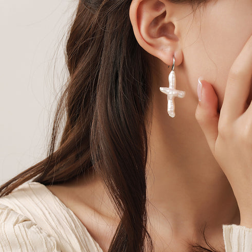 Cross Pearl Hook Earrings - House Of Pearls