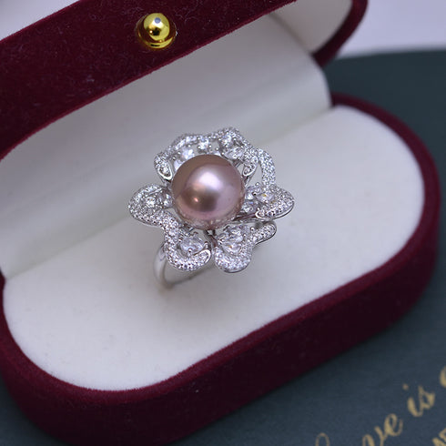 11-12mm Freshwater Pearl Floral&Cubic Zirconia Ring - House Of Pearls