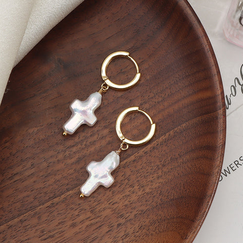 Cross Pearl Hoop Earrings - House Of Pearls