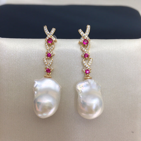 Earrings: AAA Grade Freshwater Pearl Baroque Drop Sculpted, gold-tone with pink accents, House of Pearls SY pair