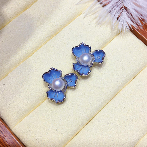 7-7.5mm Blue Floral Pearl Earrings - House Of Pearls