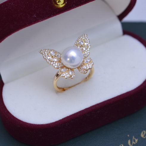 9-10mm Freshwater Pearl Butterfly &Cubic Zirconia Ring - House Of Pearls