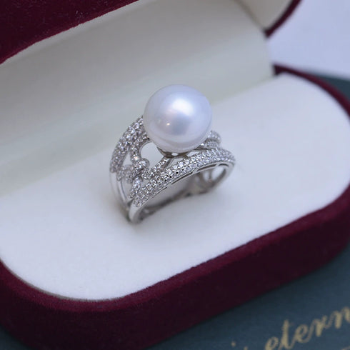 10-11mm Freshwater Pearl Wide Cubic Zirconia Ring - House Of Pearls