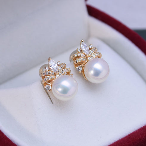 Bling CZ Pearls Earrings, gold-tone with pearl drops and clear stones, pair