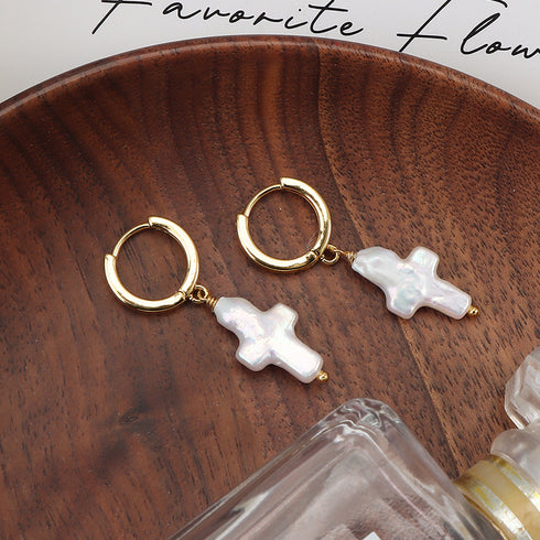 Cross Pearl Hoop Earrings - House Of Pearls
