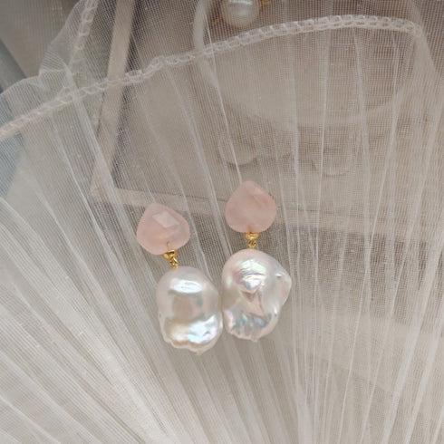 Baroque Pearl Rose Quartz Drop Earrings - Earrings made with hand-selected pearls from House of Pearls