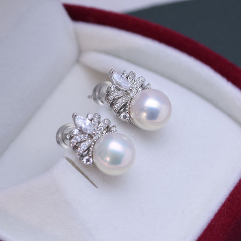 Pearl drop earrings with CZ accents in silver-tone metal (pair)