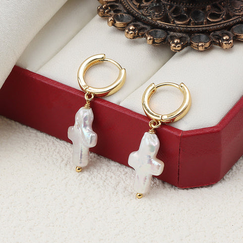 Cross Pearl Hoop Earrings - House Of Pearls