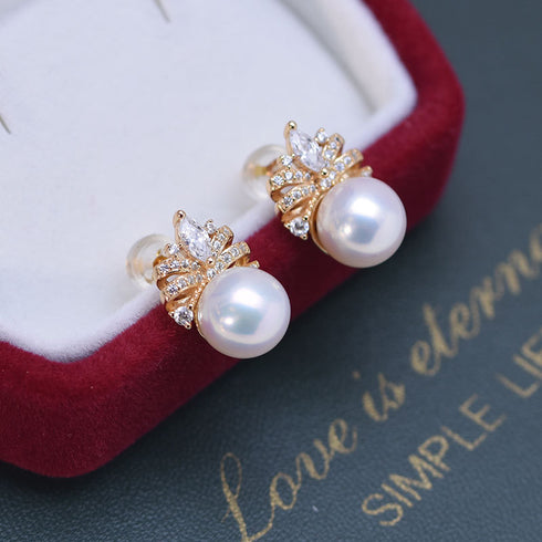 Bling CZ Pearls Earrings, gold-tone setting with pearl drops and crystal petal accents, pair