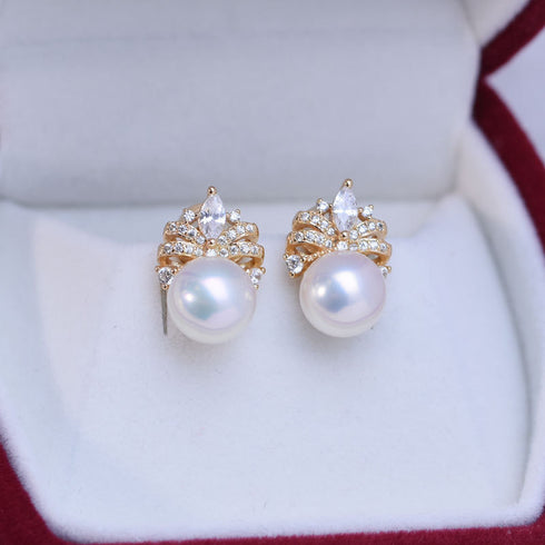 Bling CZ Pearls Earrings by House of Pearls-JT; gold-tone pair of stud earrings with pearl drops and crystal halo.