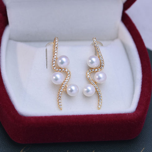 Earrings: Elegant Curve 925 Silver & Freshwater Pearl Studs, pair with silver curved pave and pearls
