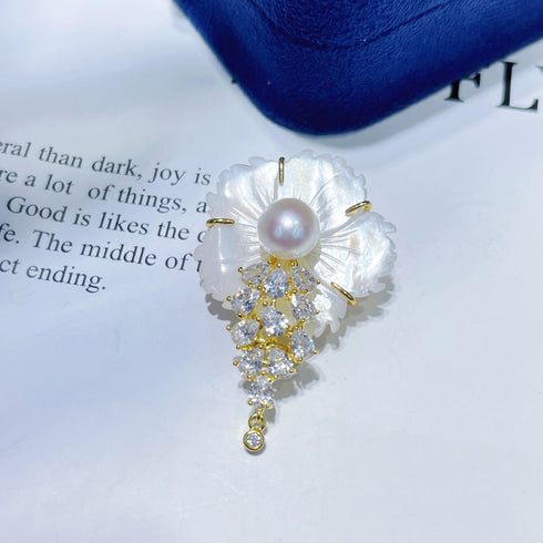 Shell Carved Flower Pearl Cubic Zirconia Brooch - House Of Pearls