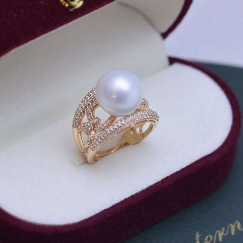 10-11mm Freshwater Pearl Wide Cubic Zirconia Ring - House Of Pearls