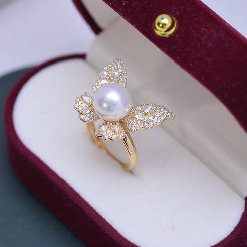 9-10mm Freshwater Pearl Butterfly &Cubic Zirconia Ring - House Of Pearls