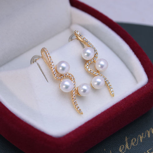 Pair of Elegant Curve 925 Silver & Freshwater Pearl Studs, gold-tone curved setting with pearls, House Of Pearls - VA
