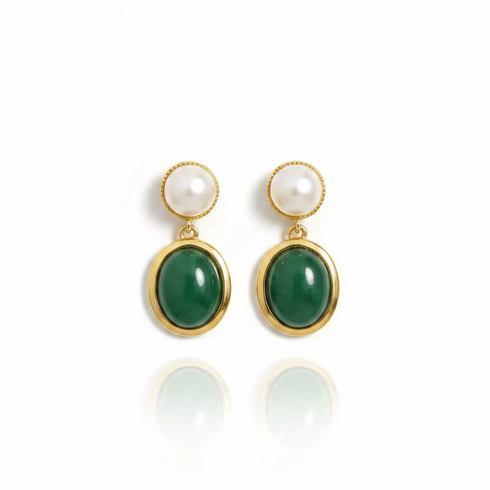 Earrings: pearl stud tops with gold-tone bezel-set oval malachite drops