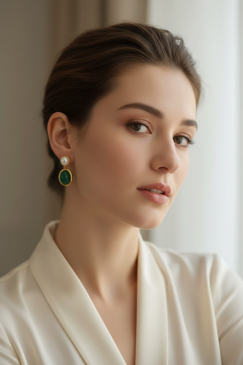 Earrings, oval malachite bezel pearl drop with gold-tone setting, House Of Pearls - LXP