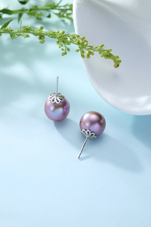 Purple Round Pearl Stud Earrings