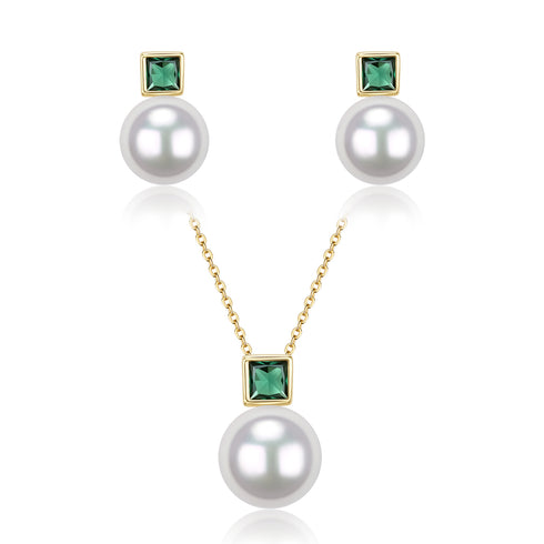 7–8mm White Akoya Pearl Green Gemstone Necklace & Earring Set