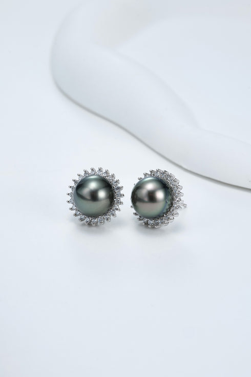 10-11mm Tahitian Pearl Zirconia Sunflower Earrings