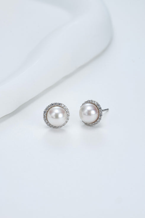 7-8mm White Akoya Pearl Roud Zirconia Stud Earrings