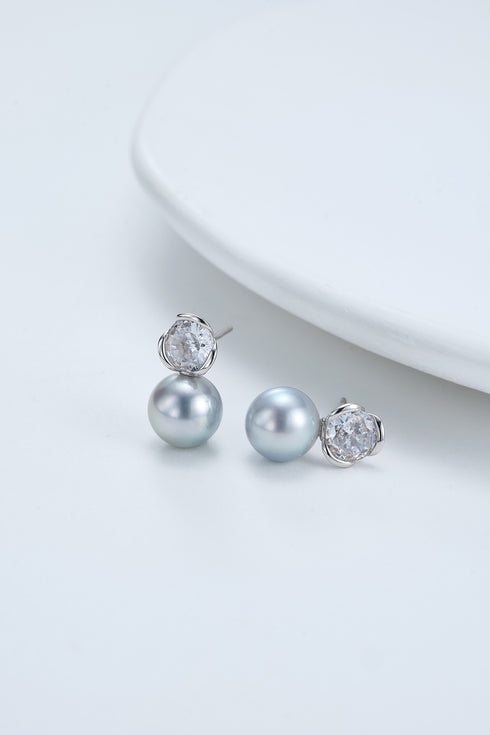 7-8mm Silver Blue Akoya Pearl Floral Cubic Zirconia Earrings