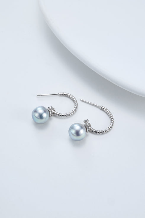 7-8mm Silver Blue Akoya Pearl Open Hoop Earrings