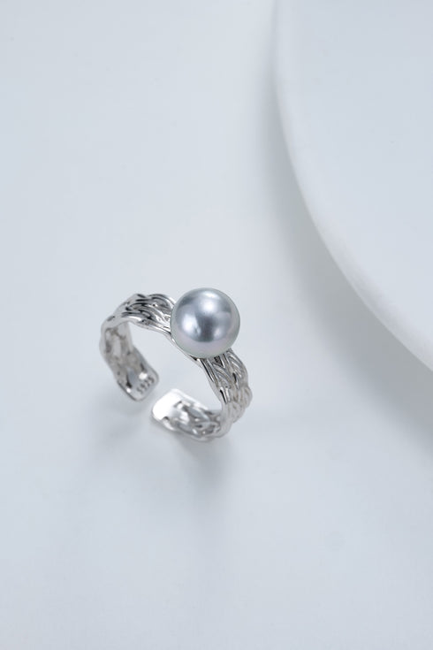 7-8mm Silver Blue Akoya Pearl Weave Ring