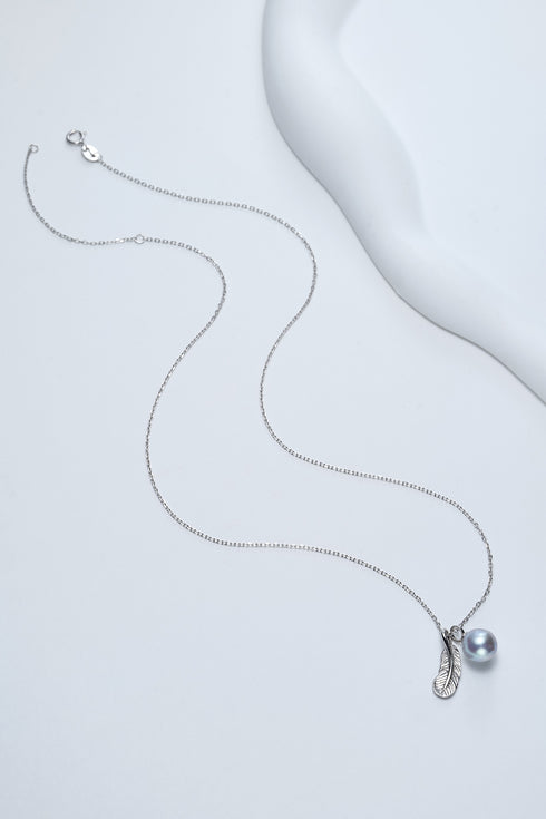 7-8mm Silver Blue Akoya Pearl Feather Pendant Necklace