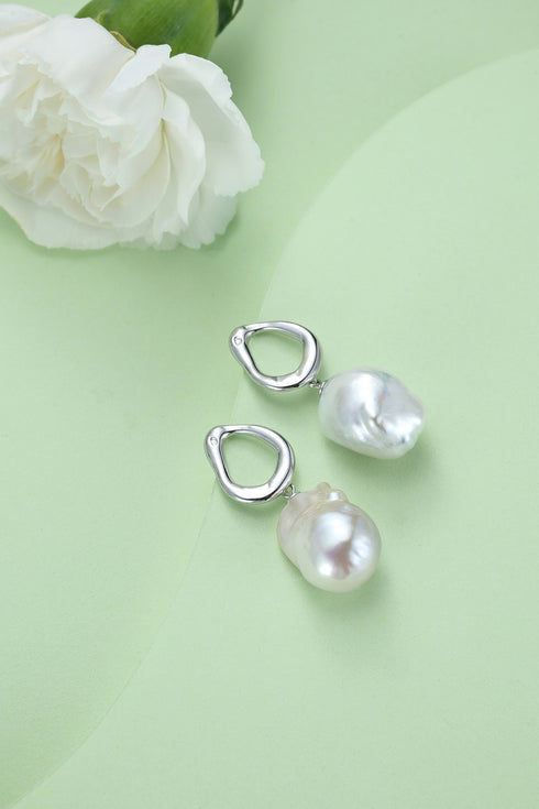 10-12mm Silver Hoop Bold Baroque Pearl Earrings